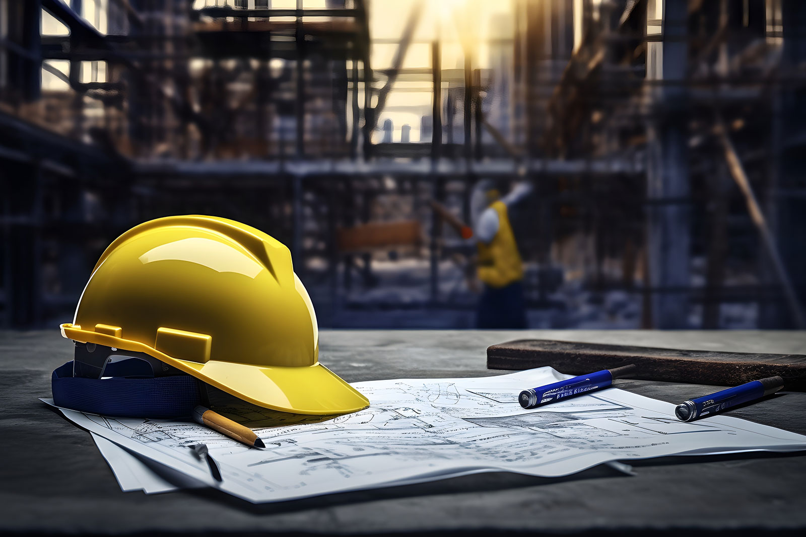 Helm auf Bauplänen zur Sicherstellung der Arbeitssicherheit